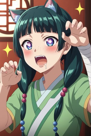 source_anime, 1girl, maomao, solo, green hair, long hair, blue eyes, BREAK + +, ^^^, blunt bangs, blush, cat ears, claw pose, drooling, excited, extra ears, mouth drool, open mouth, sparkle, sparkle background, sparkling eyes, star (symbol), symbol-shaped pupils, freckles, light green hanfu, default clothes, chinese clothes, default hairstyle, sidelocks, hair beads, hair over shoulder, bandaged arm, low twintails, anime, BREAK (high quality, detailed, beautiful), shiny, detailed beautiful eyes, outstanding, countershading, detailed soft lighting