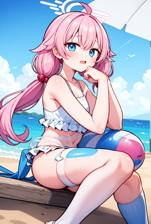 1girl, shoshino, halo, low twintails, eyewear on head, bikini,head rest, amber-half-eye, blue-half-eye, pink hair