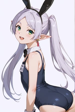 score_9, score_8_up, score_7_up, 1girl, FrierenSSnF, ((masterpiece, best quality)), (hyper detailed, clean background), solo, grey hair, long hair, green eyes, twintails, parted bangs, earrings, pointy ears, school swimsuit, black bow tie, bunny ears, cuffs, twisted torso, looking back, back view, looking at viewer, blush, smile, :d, open mouth, simple background, white background, score_anime, anime screencap,

