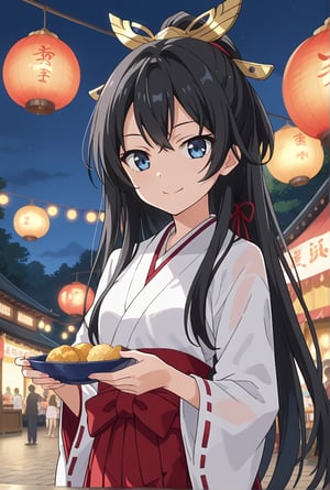 score_9, source_anime, anime screencap, anime coloring, BREAK1girl, solo, shiyukino, long hair, black hair, blue eyes, traditional miko attire, wearing a festival mask on her head, standing at a festival stall, glowing lanterns in the background, a slight smile on her face, holding a festival snack in one hand, beautiful_female_fingers, white haori and red hakama, serene festival atmosphere, (close up face:1.4)
