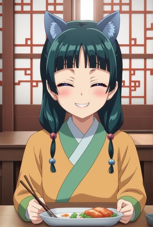 1girl, maomao, ((masterpiece, best quality)), (hyper detailed, detailed background), solo, green hair, long hair, blue eyes, maomao, animal ears, blunt bangs, shaded face, freckles, light green hanfu, default clothes, chinese clothes, long sleeves, default hairstyle, hair ribbon, blue ribbon, sidelocks, hair beads, hair over shoulder, low twintails, anime, (high quality, detailed, beautiful), shiny, detailed beautiful eyes, outstanding, countershading, detailed soft lighting, closed eyes, smiling, eating with chopsticks, calm expression, seated in traditional Chinese room, wooden table, background with sliding doors and traditional curtains, warm lighting, peaceful atmosphere, lightly blushed cheeks, holding chopsticks close to mouth, mid-bite, slightly tilted head