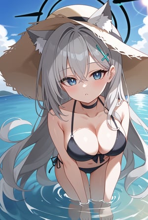 BLUE EYES, GREY HAIR, HAIRCLIP, LONG HAIR, ANIMAL EARS, HALO, BLACK CHOKER, 1girl, Black bikini, Sun hat, Flower on hat, Long silver hair, Cat ears, Halo, Hairclip, In water, Sunlight reflection, Hand on hat, Looking up, Water background, Sunny day,shiroko terror \(blue archive\)