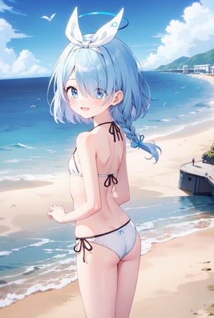 sfw, 1girl, Arona, blue halo, blue eyes, blue hair, short hair, single braid, hair over one eye, flat chest, white hair bow, white hairband, black bikini, arms behind back, Beach, pier, seagulls, morning, cloudy, dynamic, scenic, arona (blue archive), smile