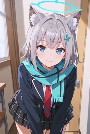 score_9, score_8_up, score_7_up, source_anime, shiroko sunaookami, animal ears, droopy eyes,  blue eyes, grey hair, hair ornament, hairpin, halo, medium hair, wolf ears, checkered clothes, checkered skirt, school uniform, skirt, scarf, indoors, bent over, looking at viewer, solo, cowboy shot, dutch angle,beautiful_female_fingers, smile, flushing