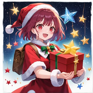 score_9, 1girl, sophieatelier, ((masterpiece, best quality)), (hyper detailed, detailed background), expressive eyes, perfect face, red santa outfit, holding red santa gift bag, simple background, white background, colorful light effects, glowing stars, festive atmosphere, magical sparkles, happy expression, short hair, blush, view from down, upper body