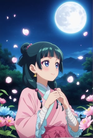 1girl, maomao, ((masterpiece, best quality)), (hyper detailed, detailed background), solo, green hair, long hair, blue eyes, BREAK blunt bangs, earrings, jewelry, looking up, night, moon, starry sky, wide sleeves, frills, frilled dress, pink dress, white frills, purple frills, pink ribbon, pink skirt, bandaged arm, straight hair, hair over shoulder, hair beads, dancer dress, pink see-through shawl, makeup, pink eyeliner, looking to the side, low twintails, full body, BREAK score_9, score_8_up, score_7_up, score_6_up, anime, BREAK (high quality, detailed, beautiful), shiny, detailed beautiful eyes, outstanding, countershading, detailed soft lighting, score_anime, anime screencap, ((upper body)), ((dynamic pose)), serene lake, reflecting moonlight, floating lotus flowers, calm waters, misty surroundings, tranquil atmosphere, happy, smile, blush