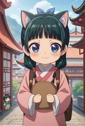 1girl, maomao, ((masterpiece, best quality)), (hyper detailed, detailed background), solo, green hair, long hair, blue eyes, BREAK :3, backpack, bag, blunt bangs, blush, cat ears, long sleeves, smile, chibi, freckles, light green hanfu, pink clothes, chinese clothes, wide sleeves, default hairstyle, hair bun, hair ribbon, blue ribbon, sidelocks, hair beads, half updo, hair over shoulder, excited, low twintails, BREAK score_9, score_8_up, score_7_up, score_6_up, anime, BREAK (high quality, detailed, beautiful), shiny, detailed beautiful eyes, outstanding, countershading, detailed soft lighting, ((Chibi character))