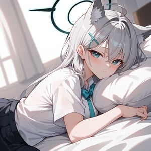 1girl, Lying on bed, White shirt, Blushing, Long silver hair, Cat ears, Halo, Hairclip, Looking at viewer, Bedroom background,shiroko terror \(blue archive\),score_9, score_8_up, score_7_up, score_6_up, score_5_up, score_4_up,