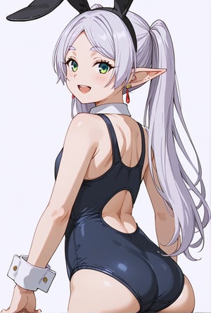 score_9, score_8_up, score_7_up, 1girl, FrierenSSnF, ((masterpiece, best quality)), (hyper detailed, clean background), solo, grey hair, long hair, green eyes, twintails, parted bangs, earrings, pointy ears, school swimsuit, black bow tie, bunny ears, cuffs, twisted torso, looking back, back view, looking at viewer, blush, smile, :d, open mouth, simple background, white background, score_anime, anime screencap,

