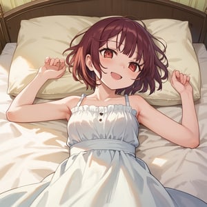 score_9, 1girl, sophieatelier, ((masterpiece, best quality)), (hyper detailed, detailed background), expressive eyes, perfect face, sundress, bed room, lying bed, short hair, blush, happy, view from down, upper body