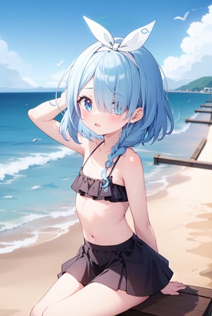 1girl, Arona, blue halo, blue eyes, blue hair, short hair, single braid, hair over one eye, flat chest, white hair bow, white hairband, black bikini, arms behind back, Beach, pier, seagulls, morning, cloudy, dynamic, scenic, arona (blue archive), dynamic pose, sitting