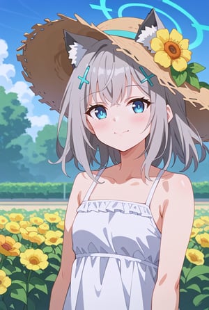 score_9, 1girl, solo, sun flower garden, shiroko-default, shiroko \(blue archive\), blue eyes, grey hair, hairclip, animal ears, halo, white onepiece, straw hat, cowboy shot, bright background, flushing,blush,happy,mouth_open, blue sky