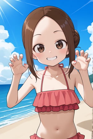 1girl,source_anime, aatakagi, solo, brown hair single hair bun, parted bangs, frilled bikini, pink bikini, hands up, claw pose, smile, beach, sky, collarbone