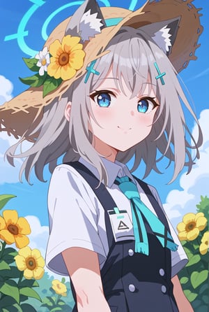 score_9, 1girl, solo, sun flower garden, shiroko-default, shiroko \(blue archive\), blue eyes, grey hair, hairclip, animal ears, halo, white onepiece, straw hat, cowboy shot, bright background, flushing,blush,happy,mouth_open, blue sky