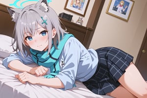 score_9, score_8_up, score_7_up, source_anime, shiroko sunaookami, animal ears, blue eyes, grey hair, hair ornament, hairpin, halo, medium hair, wolf ears,, checkered clothes, checkered skirt, school uniform, skirt, scarf,, indoors, bed, bed room, on side, blush, drunk, looking at viewer, solo, cowboy shot, dutch angle,beautiful_female_fingers