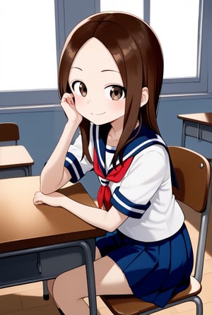 1girl, source_anime, aatakagi, solo, long hair, brown hair, parted bangs, collarbone, serafuku, sailor collar, red neckerchief, white shirt, short sleeves, pleated skirt, blue skirt, classroom, sitting, on chair, from side, looking at viewer, hand on own face, desk, smile, elbow on table,

