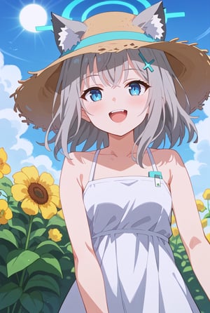 score_9, 1girl, solo, sun flower garden, shiroko-default, shiroko \(blue archive\), blue eyes, grey hair, hairclip, animal ears, halo, white onepiece, straw hat, cowboy shot, bright background, flushing,blush,happy,mouth_open, blue sky