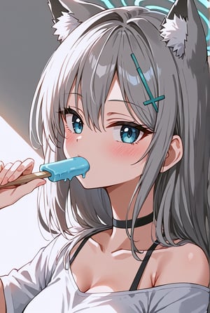 ((masterpiece, best quality)), (hyper detailed), 1girl, shiroko terror \(blue archive\), BLUE EYES, GREY HAIR, HAIRCLIP, LONG HAIR, ANIMAL EARS, HALO, wearing black off-shoulder t-shirt, choker, blue popsicle, holding popsicle in mouth, relaxed expression, minimal background, upper body focus, close-up, detailed hair, detailed face, cool tones, casual outfit, slight blush, summer vibe, soft lighting,source_anime,BREAK, (look at viewer:1.4),beautiful_female_fingers, (view from front:1.4)