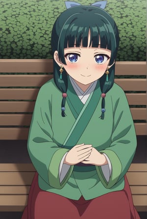 source_anime, masterpiece, best quality, highly detailed, 1girl, solo, maomao, dark green hair, green kimono, hair ribbon, long sleeves, medium hair, blue eyes, blunt bangs, hair ornament, (freckles:0.5), japanese clothes, kimono, long sleeves, twintails, earrings, smile, blush, looking at viewer, (red skirt:1.1), long skirt, sitting, outdoor, sitting in bench, day, flowers, ((close up face))