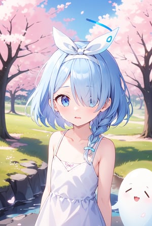 sfw, 1girl, Arona, (blue halo:1.2), blue eyes, blue hair, short hair, single braid, hair over one eye, flat chest, (white hairband:1.2), white hair bow, ghost white tunic, w arms, hillside covered in cherry blossom trees in bloom, midday lighting, idyllic and picturesque scenery