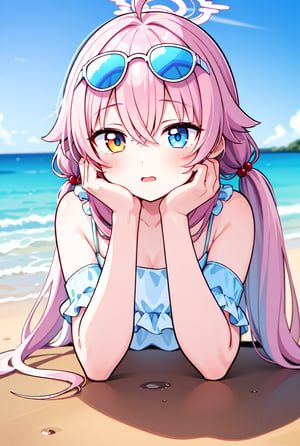 1girl, shoshino, halo, low twintails, eyewear on head, bikini,head rest,  amber-half-eye, blue-half-eye, pink hair, heavy-lidded eyes