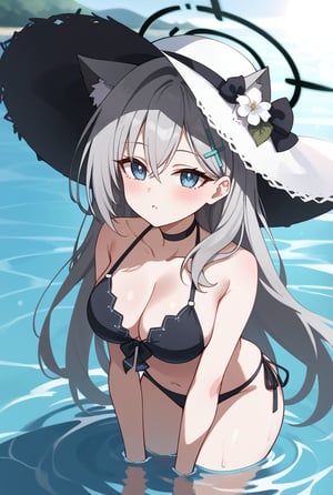 BLUE EYES, GREY HAIR, HAIRCLIP, LONG HAIR, ANIMAL EARS, HALO, BLACK CHOKER, 1girl, Black bikini, Sun hat, Flower on hat, Long silver hair, Cat ears, Halo, Hairclip, In water, Sunlight reflection, Hand on hat, Looking up, Water background, Sunny day,shiroko terror \(blue archive\)