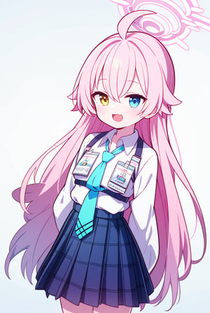 1girl, hoshino, pink hair, halo, shirt, necktie, skirt, fingerless gloves, id card,(waving:1.1), :3, :d, close-up, white background, yellow eyes, blue eyes, arms behind back,hoshino_bluearchive,blue archive, Tender_v60