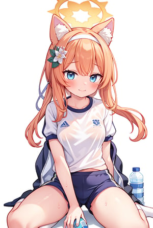 ((masterpiece,best quality)),((white background)),mariTrack, 1girl, mari (blue archive), solo, animal ears, halo, bottle, flower, official alternate costume, hair ornament, hair flower, orange hair, long hair, jacket, gym uniform, water bottle, looking at viewer, blue eyes, hairband, blush, sitting, animal ear fluff, white hairband, holding, sweat, holding bottle, locker, shirt, bangs, white shirt, track jacket, socks, short sleeves, white socks, shorts, buruma,smile, blush, lean forward, (see through), sweat,
