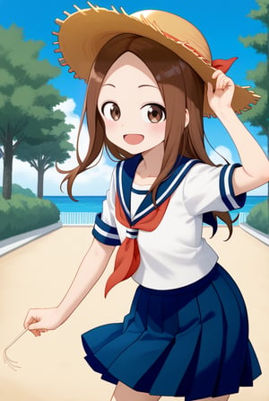 1girl, source_anime, aatakagi, solo, long hair, brown hair, parted bangs, collarbone, serafuku, sailor collar, red neckerchief, white shirt, short sleeves, pleated skirt, blue skirt, standing, cowboy shot, smile, outdoors,flushing, happy, open mouth, straw hat