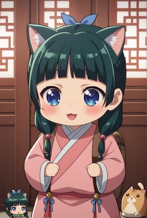 1girl, maomao, ((masterpiece, best quality)), (hyper detailed, detailed background), solo, green hair, long hair, blue eyes, BREAK :3, backpack, bag, blunt bangs, blush, cat ears, long sleeves, smile, chibi, freckles, light green hanfu, pink clothes, chinese clothes, wide sleeves, default hairstyle, hair bun, hair ribbon, blue ribbon, sidelocks, hair beads, half updo, hair over shoulder, excited, low twintails, BREAK score_9, score_8_up, score_7_up, score_6_up, anime, BREAK (high quality, detailed, beautiful), shiny, detailed beautiful eyes, outstanding, countershading, detailed soft lighting, ((Chibi character))