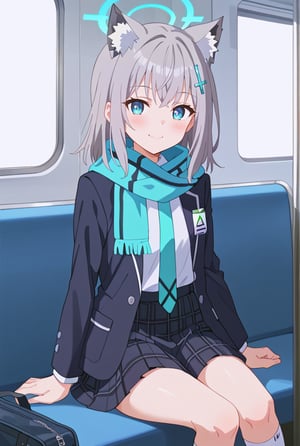 shiroko_\(blue_archive\),1girl, solo, green_gloves, white_shirt, train_interior, looking_at_viewer, hair_ornament, blue_scarf, mismatched_pupils, blue_jacket, open_jacket, sitting, animal_ear_fluff, pleated_skirt, halo, long_sleeves, school_bag, plaid_skirt, school_uniform, white_socks, black_skirt, single_glove, blue_necktie, blazer, gorgeous,key visual, vibrant, studio anime,award-winning, professional, highly detailed,high budget, cinemascope
,blush,happy,blush,happy,blush,happy,blush,happy,close_mouth