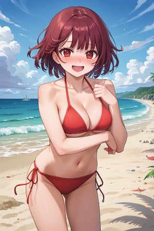 score_9, 1girl, sophieatelier, ((masterpiece, best quality)), (hyper detailed, detailed background), expressive eyes, perfect face, bikini, midriff, fit body, looking at viewer, happy, flush, blush, embarrassed, short hair, beach background