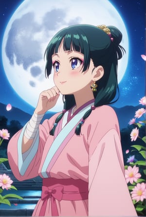 1girl, maomao, ((masterpiece, best quality)), (hyper detailed, detailed background), solo, green hair, long hair, blue eyes, BREAK blunt bangs, earrings, jewelry, looking up, night, moon, starry sky, wide sleeves, frills, frilled dress, pink dress, white frills, purple frills, pink ribbon, pink skirt, bandaged arm, straight hair, hair over shoulder, hair beads, dancer dress, pink see-through shawl, makeup, pink eyeliner, looking to the side, low twintails, full body, BREAK score_9, score_8_up, score_7_up, score_6_up, anime, BREAK (high quality, detailed, beautiful), shiny, detailed beautiful eyes, outstanding, countershading, detailed soft lighting, score_anime, anime screencap, ((upper body)), ((dynamic pose)), serene lake, reflecting moonlight, floating lotus flowers, calm waters, misty surroundings, tranquil atmosphere, happy, smile, blush