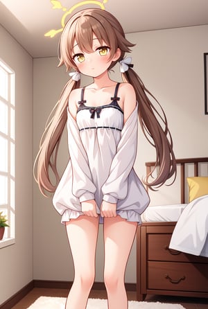 1girl, solo, (masterpiece, best quality), indoors, bedroom, blush, thighs, hifumi, yellow eyes, light brown hair, bangs, long hair, low twintails, tied, hair ribbon, halo, standing, sleepwear, arms between legs, small breasts, expressionless