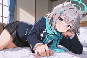 score_9, score_8_up, score_7_up, source_anime, shiroko sunaookami, animal ears, blue eyes, grey hair, hair ornament, hairpin, halo, medium hair, wolf ears,, checkered clothes, checkered skirt, school uniform, skirt, scarf,, indoors, bed, bed room, on side, blush, drunk, looking at viewer, solo, cowboy shot, dutch angle,beautiful_female_fingers