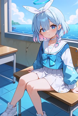 score_9, score_8_up, score_7_up, score_6_up, score_5_up, score_4_up, source_anime, 1firl, looking at viewer ,arona \(blue archive\),close eyes, blue hair,braid,bow hairband,halo,choker,white sailor collar,white skirt,white sneakers, arona \(blue archive\), classroom, broken wall, sit desk, Water Flooding, blue Floor, close mouth
