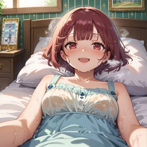 score_9, 1girl, sophieatelier, ((masterpiece, best quality)), (hyper detailed, detailed background), expressive eyes, perfect face, sundress, bed room, lying bed, short hair, blush, happy, view from down, wet, upper body, steam