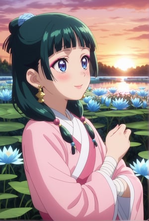 1girl, maomao, ((masterpiece, best quality)), (hyper detailed, detailed background), solo, green hair, long hair, blue eyes, BREAK blunt bangs, earrings, jewelry, looking up, sunset, golden hour, daytime sky, wide sleeves, frills, frilled dress, pink dress, white frills, purple frills, pink ribbon, pink skirt, bandaged arm, straight hair, hair over shoulder, hair beads, dancer dress, pink see-through shawl, makeup, pink eyeliner, looking to the side, low twintails, full body, BREAK score_9, score_8_up, score_7_up, score_6_up, anime, BREAK (high quality, detailed, beautiful), shiny, detailed beautiful eyes, outstanding, countershading, detailed soft lighting, score_anime, anime screencap, ((upper body)), ((dynamic pose)), serene lake, glowing sunset reflections, floating lotus flowers, calm waters, warm atmosphere, happy, smile, blush
