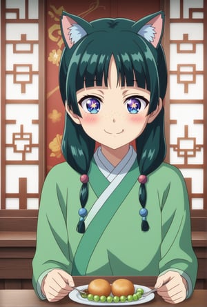 1girl, maomao, ((masterpiece, best quality)), (hyper detailed, detailed background), solo, green hair, long hair, blue eyes, maomao, animal ears, blunt bangs, shaded face, freckles, BREAK + +, ^^^, parkle, sparkle background, star (symbol), symbol-shaped pupils, sparkling eyes, light green hanfu, default clothes, chinese clothes, long sleeves, default hairstyle, hair ribbon, blue ribbon, sidelocks, hair beads, hair over shoulder, low twintails, anime, (high quality, detailed, beautiful), shiny, detailed beautiful eyes, outstanding, countershading, detailed soft lighting, smiling, eating foods, calm expression, seated in traditional Chinese room, wooden table, background with sliding doors and traditional curtains, warm lighting, peaceful atmosphere, lightly blushed cheeks, mid-bite, slightly tilted head, shiny