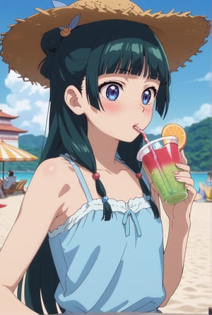 score_9, score_8_up, score_7_up, score_6_up, source_anime, 1girl, maomao, ((masterpiece, best quality)), (hyper detailed, detailed background), long hair, bangs, blue eyes, hair ornament, green hair, blunt bangs, freckles, hair bun, sundress, beach, straw hat, drinking, (strawberry:0.5), drinking straw, blush,anime screencap,score_anime