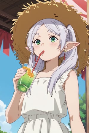 score_9, score_8_up, score_7_up, 1girl, FrierenSSnF, ((masterpiece, best quality)), (hyper detailed, detailed background), 1girl, solo, grey hair, long hair, green eyes, twintails, parted bangs, earrings, pointy ears, sundress, outdoor, straw hat, drinking, (strawberry:0.5), drinking straw, blush,anime screencap,score_anime