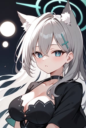 BLUE EYES, GREY HAIR, HAIRCLIP, LONG HAIR, ANIMAL EARS, HALO, BLACK CHOKER, BLACK CAPELET, BLACK DRESS, WIDE SLEEVES, BLACK GLOVES, 1girl, portrait, looking_at_viewer, blue_eyes, mismatched_pupils, polka_dot_background, shiroko-terror,, shiroko terror \(blue archive\), score_9, score_8_up, score_7_up, score_6_up, score_5_up, score_4_up,