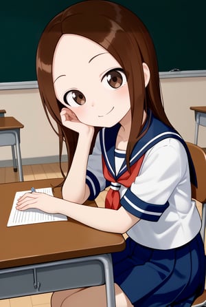 1girl, source_anime, aatakagi, solo, long hair, brown hair, parted bangs, collarbone, serafuku, sailor collar, red neckerchief, white shirt, short sleeves, pleated skirt, blue skirt, classroom, sitting, on chair, from side, looking at viewer, hand on own face, desk, smile, elbow on table,

