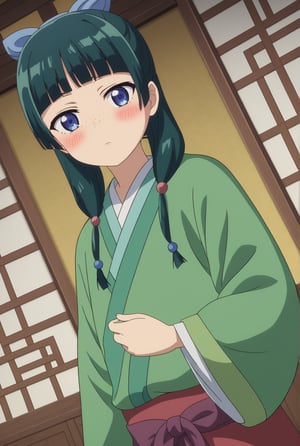 source_anime, ((masterpiece, best quality)), (hyper detailed, detailed background), 1girl, solo, maomao, long hair, bangs, blue eyes, hair ornament, green hair, blunt bangs, freckles, hair bun, single hair bun, japanese clothes, indoors, on side, looking at viewer, cowboy shot, dutch angle, blush