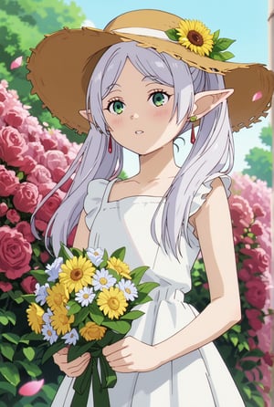 score_9, score_8_up, score_7_up, 1girl, FrierenSSnF, ((masterpiece, best quality)), (hyper detailed, detailed background), 1girl, solo, grey hair, long hair, green eyes, twintails, parted bangs, earrings, pointy ears, sundress, sun flower garden, straw hat, blush,anime screencap,score_anime, (falling petals:1.2), (holding bouquet:1.4), (cowboy_shot:1.4)