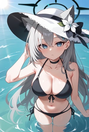 BLUE EYES, GREY HAIR, HAIRCLIP, LONG HAIR, ANIMAL EARS, HALO, BLACK CHOKER, 1girl, Black bikini, Sun hat, Flower on hat, Long silver hair, Cat ears, Halo, Hairclip, In water, Sunlight reflection, Hand on hat, Looking up, Water background, Sunny day,shiroko terror \(blue archive\)