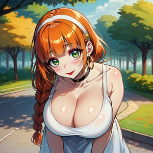 score_9, score_8_up, score_7_up, masterpiece, best quality, highres, 1girl, curvy, anime eyes, large eyes, green eyes, kawaii anime style, very kawaii anime style, super kawaii anime style, super cute anime style, cute anime style, sexy anime style, cute girl, kawaii, cute, kawaii girl, red eyeshadow, eyeshadow, long eyelashes, eyeliner, blush, red lipstick, medium lips,  orange hair, orange_hair, standing, smile, upper_body, face_only, close up, face only, close_up, face, solo girl, solo_girl, 1 girl, so cute, very_cute_girl, hime_cut, hime cut, golden hoop earrings, golden_hoop_earring, red eyeshadow, red_eyeshadow, long eyelashes, long_eyelashes, red_lipstick, red lipstick, age 25, from front, view from front, thick_eyelashes, very_thick_eyelashes, thick eyelashes, straight bangs, straight_bangs, straight_cut_hair, straight cut hair, cat eye shape, cat_eye_shape, braided ponytail, ponytail, braided_ponytail,  black choker, black_choker, sundress, white_sundress, white hairband, white_hairband, hairband, park, sleeveless, very long eyelashes, very_long_eyelashes, eyeliner, thick eyelashes, thick_eyelashes, slanted eyes. slanted_eyes, slanted_eye_shape, slanted eye shape, massive breasts, gigantic breasts, giant breasts, view from above, view_from_above, downblouse, down v blouse, down_blouse, leaning forward, lwaninf_forward