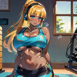 score_9, score_8_up, score_7_up, masterpiece, best quality, highres, 1girl, curvy, anime eyes, large eyes, neon blue eyes, neon_blue_eyes, kawaii anime style, very kawaii anime style, super kawaii anime style, super cute anime style, cute anime style, sexy anime style, cute girl, kawaii, cute, kawaii girl, red eyeshadow, eyeshadow, long eyelashes, eyeliner, blush, red lipstick, medium lips, full lip, full_lips, smile, upper_body, face_only, close up, face only, close_up, face, solo girl, solo_girl, 1 girl, so cute, very_cute_girl, hime_cut, hime cut, red eyeshadow, red_eyeshadow, long eyelashes, long_eyelashes, red_lipstick, red lipstick, age 25, cat_shaped_eyes, fox_shaped_eyes, thick_eyelashes, very_thick_eyelashes, thick eyelashes, blonde hair, blonde_hair, bright blonde hair, bright_blonde_hair, gym,, weight_room, treadmills, treadmill, headphones over ears, black headphones over ears, black headphones, headphones_over_ears, brown_girl, brown skin, brown_skin, brown skinned, dark skin, dark_skinned, brown_skinned, blue sports bra, blue_sports_bra, small sports bra, tight sports bra, tight_sports_bra, extremely tight sports bra, midriff, exposed midriff, exposed_midriff, large ponytail, large_ponytail, long ponytail, long_ponytail, massive breasts, black shorts, side boobs, side_boobs, side_boob, side boob, curvy hips, curvy_hips, wide_hips, wide hips, thick thighs, thigh_thighs, toned body, toned_body, abs, view from below, from_below, from below, view_from_below, on knees, sweating, girl sweating, girl_sweating, yoga, yoga posing, yoga_posing, girl looking up, blush, blushing, girl blushing, red blush, pink blush, underboob, under boob, leaning back, leaning_back, cleavage, deep cleavage, deep_cleavage, micro sports bra, micro_sports_bra