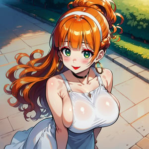 score_9, score_8_up, score_7_up, masterpiece, best quality, highres, 1girl, curvy, anime eyes, large eyes, green eyes, kawaii anime style, very kawaii anime style, super kawaii anime style, super cute anime style, cute anime style, sexy anime style, cute girl, kawaii, cute, kawaii girl, red eyeshadow, eyeshadow, long eyelashes, eyeliner, blush, red lipstick, medium lips,  orange hair, orange_hair, standing, smile, upper_body, face_only, close up, face only, close_up, face, solo girl, solo_girl, 1 girl, so cute, very_cute_girl, hime_cut, hime cut, golden hoop earrings, golden_hoop_earring, red eyeshadow, red_eyeshadow, long eyelashes, long_eyelashes, red_lipstick, red lipstick, age 25, thick_eyelashes, very_thick_eyelashes, thick eyelashes, straight bangs, straight_bangs, straight_cut_hair, straight cut hair, cat eye shape, cat_eye_shape,  black choker, black_choker, sundress, white_sundress, white hairband, white_hairband, hairband, park, sleeveless, very long eyelashes, very_long_eyelashes, eyeliner, thick eyelashes, thick_eyelashes, slanted eyes. slanted_eyes, slanted_eye_shape, slanted eye shape, tight dress, tight_dress, backless dress, backless_dress, backless, updo hair, updo_hair, updo, wavy hair, wavy_hair, view from above, view_from_above, from above, from_above, arched back, arched_back, hair in updo, hair_in_updo, massive breasts, impossible shirt, impossible_clothes, impossible_dress, impossible_clothing, massive breasts, knee up, raised knee, raised_knees, red heels, red_heels