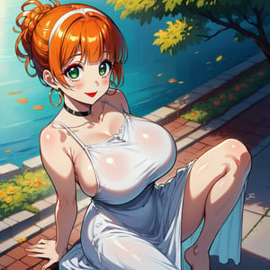 score_9, score_8_up, score_7_up, masterpiece, best quality, highres, 1girl, curvy, anime eyes, large eyes, green eyes, kawaii anime style, very kawaii anime style, super kawaii anime style, super cute anime style, cute anime style, sexy anime style, cute girl, kawaii, cute, kawaii girl, red eyeshadow, eyeshadow, long eyelashes, eyeliner, blush, red lipstick, medium lips,  orange hair, orange_hair, standing, smile, upper_body, face_only, close up, face only, close_up, face, solo girl, solo_girl, 1 girl, so cute, very_cute_girl, hime_cut, hime cut, golden hoop earrings, golden_hoop_earring, red eyeshadow, red_eyeshadow, long eyelashes, long_eyelashes, red_lipstick, red lipstick, age 25, thick_eyelashes, very_thick_eyelashes, thick eyelashes, straight bangs, straight_bangs, straight_cut_hair, straight cut hair, cat eye shape, cat_eye_shape,  black choker, black_choker, sundress, white_sundress, white hairband, white_hairband, hairband, park, sleeveless, very long eyelashes, very_long_eyelashes, eyeliner, thick eyelashes, thick_eyelashes, slanted eyes. slanted_eyes, slanted_eye_shape, slanted eye shape, tight dress, tight_dress, backless dress, backless_dress, backless, updo hair, updo_hair, updo, wavy hair, wavy_hair, view from above, view_from_above, from above, from_above, arched back, arched_back, hair in updo, hair_in_updo, massive breasts, impossible shirt, impossible_clothes, impossible_dress, impossible_clothing, massive breasts, knee up, raised knee, raised_knees